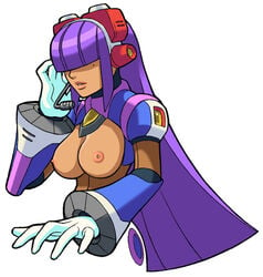 1girls birthmark breasts gloves hair_over_eyes layer lips long_hair mega_man mega_man_x mole nipples official_art photoshop purple_hair solo tanned tanned_skin yoshikawa_tatsuya