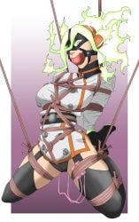 ball_gag bondage burnin_(my_hero_academia) dhxxhl female fully_clothed gag gagged harness_ball_gag harness_gag hero_outfit_(mha) kamiji_moe moe_kamiji my_hero_academia solo solo_female solo_focus suspension vibrator_in_pussy