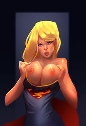 1girls areola blonde_hair blue_eyes breasts busty cape cleavage dc eyeliner eyeshadow large_breasts lipstick makeup nipples o-myra solo supergirl superman_(series) topless voluptuous