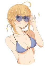 adjusting_eyewear ahoge bare_arms bare_belly bare_shoulders belly_button bikini blonde_hair blue_bikini blush breasts cleavage closed_mouth collarbone compact_body green_eyes medium_breasts medium_hair mushoku_tensei norn_greyrat root_(1732050807point) sideboob smile sunglasses tinted_eyewear