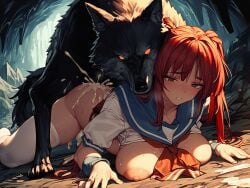 ai_generated blush brown_eyes canine cave cum cum_inside dominant_feral exposed_breasts from_behind huge_breasts kousaka large_breasts long_hair pony_diffusion_xl rape red_hair tamaki to_heart_2 wolf zoophilia