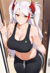 ai_generated azur_lane black_legwear black_topwear crop_top looking_at_viewer mole mole_on_breast open_door prinz_eugen_(azur_lane) smile waving_at_viewer yoga_pants