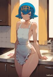 ai_generated apron arm_support bangs bare_arms bare_shoulders blue_eyes blue_hair blush breasts clavicle closed_mouth clothing curtains faucet female female_only flipped_hair frilled_apron frills hadaka_apron hairband headwear indoors kachanai kitchen lana_(pokemon) looking_at_viewer pokemon pokemon_(anime) pokemon_(game) pokemon_character short_hair sink small_breasts solo standing thighs tile_wall trial_captain white_apron window