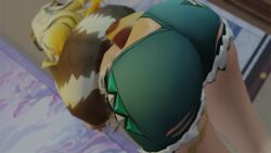 3d animal_ears animated ass ass_focus bare_shoulders blonde_hair dark_skin female from_behind genshin_impact huge_ass jaguar_ears jaguar_tail jiggle kishi leaning leaning_forward long_hair short_shorts shorts solo tagme tail thick_thighs twerking video video xilonen_(genshin_impact)