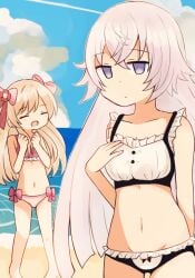 2girls bad_id bad_twitter_id beach bikini blonde_hair chaos_marie_(grimms_notes) closed_eyes cloud collarbone empty_eyes frilled_bikini frilled_bikini_top frills grimms_notes hair_ribbon hand_on_own_chest long_hair magic_mirror_(grimms_notes) maid maid_bikini midriff multiple_girls navel nmemoton ocean open_mouth purple_eyes purple_hair ribbon swimsuit unconventional_maid