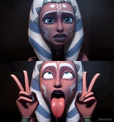 ahe_gao ahsoka_tano ai_generated before_and_after bimbo bimbofication clone_wars closed_eyes drooling dumb_girl edited eyes_rolling_back full_lips orange_skin peace_sign slut sluttification slutty_face smutgen star_wars togruta tongue_out