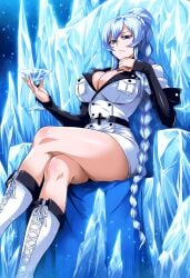 1girl ai_generated akame_ga_kill! blue_eyes boots braid braided_ponytail cleavage devilart esdeath_(akame_ga_kill!) large_breasts looking_at_viewer military_uniform ponytail rwby side_ponytail thick_thighs weiss_schnee white_clothing white_hair