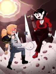 1female 1male adventure_time bandaged_arm beard black_boots black_hair bow_tie chains cleavage clenched_hand clenched_teeth clothing confrontation demon duo duo_focus fangs finn_the_human human huntress_wizard jewelery jumpsuit legwear levitation looking_at_another mace marceline marceline_the_vampire_queen necklace older_male open_mouth pointy_ears ponytail red_dress red_heels ripped_clothing robotic_arm short_hair skeleton sleeveless smile spandex teeth the_star_(fionna_and_cake) tight_clothing vampire vampire_girl white_skin woofooplace_(artist) yellow_hair