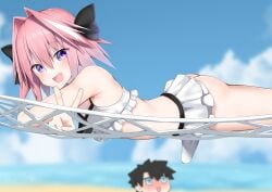 astolfo_(fate) bulge crossdressing fate_(series) femboy feminine_male girly hammock imminent_sex kitajima_yuuki otoko_no_ko peace_sign smile swimsuit