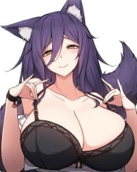 1girls bra bra_strap cleavage fox_ears hybrid large_breasts lingerie looking_at_viewer pulling_bra smile tagme tail