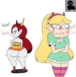 2girls ass ass_envy big_ass big_breasts blonde_hair blush breasts crying crying_with_eyes_open fat_ass female female_only headband hekapoo horns huge_ass large_ass light-skinned_female light_skin red_hair star_butterfly star_vs_the_forces_of_evil tears text thedomely thick_thighs thighs white_body white_skin wide_hips