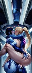 ai_generated carrying cortana halo_(game) halo_(series) kissing metroid samus_aran spaceship wallpaper zero_suit_samus