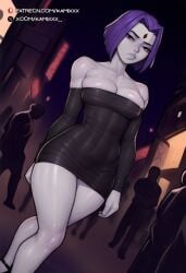 1girls ai_assisted ai_generated bare_arms bare_legs bare_shoulders bare_thighs big_breasts clothed clothing color dc dc_comics dress female female_focus female_only hi_res kamixxx large_breasts light-skinned_female light_skin looking_at_viewer purple_eyes purple_hair raven_(dc) short_hair solo solo_female tagme teen_titans thick_thighs