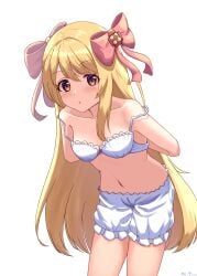 amaner blonde_hair bloomers blush bra chaos_marie_(grimms_notes) female grimms_notes hair_ribbon highres leaning_forward long_hair navel open_mouth pink_eyes ribbon simple_background solo twitter_username underwear white_background