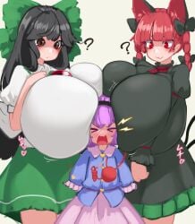 2_tails 3girls ? big_breasts bigger_female black_hair blush breasts breasts_against_head breasts_bigger_than_head brown_eyes cat_ears cat_tail catgirl clothed clothed_female color colored huge_breasts large_breasts light-skinned_female long_hair massive_breasts pink_hair red_eyes red_hair ribbon ribbon_in_hair rin_kaenbyou satori_komeiji smaller_female taller_girl third_eye touhou utsuho_reiuji very_long_hair yokai youkai zakozako_y