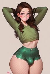 1boy ai_generated androgynous black_eyes blush blush brown_hair bulge civitai claire_(truep81) crossdressing femboy feminine_male fishnets girly glasses green_shirt green_shorts hands_behind_head lipstick long_hair looking_at_viewer male male_only seductive seductive_eyes seductive_look seductive_smile shorts smile smiling smiling_at_viewer thick thick_thighs