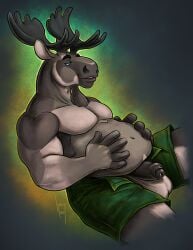 anthro balls belly biceps black_glans black_penis blue_eyes bottomwear clothed clothing deer deltoids flaccid foreskin fuzzyfuzz genitals glans green_bottomwear green_clothing green_outline green_shorts grey_background hand_on_belly hi_res ivan_(hefthaven) male mammal manly mature_male moose muscular navel new_world_deer outline pecs penis shorts shorts_only shorts_open simple_background sitting slightly_chubby smile solo topless triceps