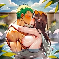 ai_generated babe bamboo blush brown_hair cana_alberona crossover crossover_pairing curvy_figure fairy_tail female forest forest_background hands_around_neck hot_spring hug huge_breasts hunk kissing love male muscular nature_background novelai one_piece onsen partially_submerged passionate_kiss passionate_sex romantic_ambiance roronoa_zoro sex sexy swordsman thick_thighs voluptuous voluptuous_female water young_couple young_female zoro_kiss_cana