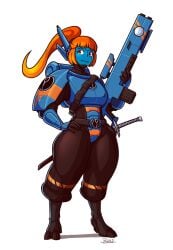 1girls 4_fingers alien alien_girl alien_humanoid armor armored_female belt blazbaros blue_skin breastplate female four_fingers fully_clothed ginger ginger_hair gun headgear headpiece hooves katana leotard long_hair no_background orange_hair plasma_gun plasma_rifle ponytail pose posing red_eyes rifle sheathed_sword sheathed_weapon solo solo_female solo_focus sword tau thick_thighs warhammer_(franchise) warhammer_40k wide_hips