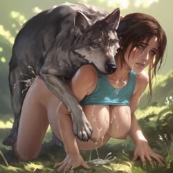 ai_generated blue_eyes brown_hair cum cum_drip cum_inside cum_on_breasts doggy_style lara_croft large_breasts outdoors pony_diffusion_xl ponytail pregnant rape resigned_to_fate tomb_raider wolf zoophilia