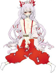 1girls bare_shoulders blood bow breasts clothing collarbone dress_shirt female fujiwara_no_mokou gagged hairbow high_resolution long_hair long_sleeves menophilia menstruation nipples off_shoulder open_clothes open_pants open_shirt pants period_blood red_eyes rough saliva shirt solo suspenders tabi tear touhou very_long_hair virgin white_hair yutsumoe