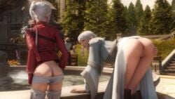 2girls 3d alisaie_leveilleur ameliance_leveilleur anus bent_over butt_crack exhibitionism exposed_anus exposed_ass exposed_pussy final_fantasy final_fantasy_xiv flashing flashing_ass grabbing_ass hi_res kyubisan mother_and_daughter public spread_ass square_enix white_hair