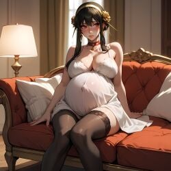 ai_generated big_breasts black_hair black_stockings blush collar couch eogard_orc looking_away nightgown pregnant red_eyes see-through see-through_clothing self_upload shy sitting stable_diffusion yor_briar