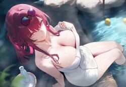 ai_generated bare_arms bare_legs bare_shoulders bare_thighs big_breasts boobs breasts cleavage closed_mouth collarbone honkai:_star_rail hot_spring kafka_(honkai:_star_rail) legs_in_water long_hair mature_female mole mole_on_breast naked_towel onsen outdoors ponytail purple_eyes purple_hair setsuaiart shiny_skin smile sunglasses_on_head thighs towel towel_only wet_body