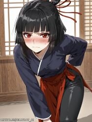 ai_generated bangs black_hair black_pants blunt_bangs blush breasts closed_mouth covered_nipples doctor's_rebirth female hair_ribbon indoors japanese_clothes jellyray_ai leaning_forward long_sleeves looking_at_viewer pants red_eyes red_ribbon ribbon solo sweatdrop tang-ah watermark web_address webtoon