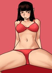 angry bratty brown_hair dark_hair elf elf_ears elf_female embarrassed female female girl red_background red_cheeks red_lingerie sitting spread_legs spreading