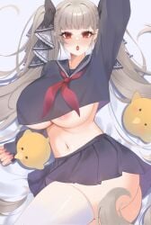 1girls 2animals areola azur_lane belly_button breasts eyebrows_visible_through_hair female female_only formidable_(azur_lane) formidable_(the_lover's_heart_flutters_on_duty)_(azur_lane) hair_ornament huge_breasts kieran018 light-skinned_female light_skin manjuu_(azur_lane) no_bra pink_nails red_eyes royal_navy_(azur_lane) skirt solo twintails