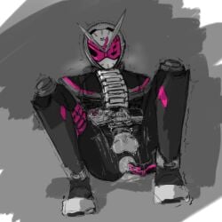 1boy alsal anal anal_fingering anal_sex armor armored armored_male belt clothed cum cum_on_ass cum_on_body cum_on_lower_body hand_on_thigh kamen_rider kamen_rider_zi-o kamen_rider_zi-o_(series) male male_focus male_only messy monochrome simple_background solo solo_focus solo_male spread_legs tokiwa_sougo torn_bodysuit torn_clothes torn_pants