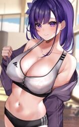 1girl bangs bare_shoulders blurry blurry_background blush breasts cleavage collarbone cowboy_shot depth_of_field jacket large_breasts long_hair looking_at_viewer navel purple_eyes purple_hair smile solo sports_bra sweat underwear