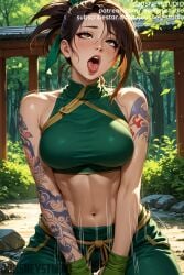 ahe_gao ai_generated akali akali_(league_of_legends) arm_tattoo bare_shoulders black_hair blush breasts brown_eyes brown_hair clothing crop_top female female gloves implied_sex jewelry jousneystudio large_breasts league_of_legends long_hair looking_at_viewer medium_breasts midriff nature navel open_mouth outdoors ponytail rock shoulder_tattoo solo stomach sweat tattoo teeth tied_hair tongue tongue_out tree