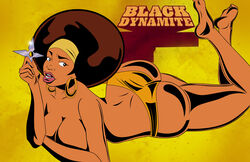 1girls afro ass bimbo black_dynamite breasts dark-skinned_female dark_skin dat_ass female grimphantom honey_bee_(black_dynamite) hoop_earrings no_bra panties shuriken thong topless