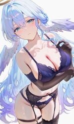 1girls angel angel_wings bra breasts curvaceous curvy curvy_body curvy_female curvy_figure female female_only garter_belt garter_straps green_eyes honkai:_star_rail honkai_(series) large_breasts lingerie panties purple_hair robin_(honkai:_star_rail) solo video_games