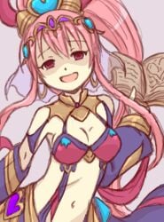 book breasts detached_sleeves empty_eyes female grimms_notes haikuro hair_ornament harem_outfit holding holding_book long_hair medium_breasts midriff navel open_mouth pink_eyes pink_hair ponytail shadow_morgiana_(grimms_notes) simple_background sketch smile solo veil