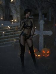 ada_wong ada_wong_(adriana) belt black_underwear bodysuit bofet_boots bra candle candlelight candles full_body_pantyhose garter_straps graveyard halloween halloween_decoration halloween_theme high_heel_boots looking_at_viewer panties posing posing_for_the_viewer pumpkin resident_evil see-through see-through_bodysuit skull skulls thigh_boots