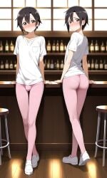 ai_generated black_hair blush cute embarrassed embarrassed_male femboy kirigaya_kazuto kirito kirito_(sao-ggo) leaning_on_table looking_at_viewer male_only petite petite_body petite_femboy petite_male pink_legwear pretty_boy short_hair shy small_bulge standing sword_art_online tights trap white_shirt zoner_check