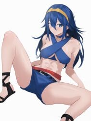 1girls bikini blue_eyes blue_hair brand_of_the_exalt fire_emblem fire_emblem_awakening kobi420 looking_at_viewer lucina_(fire_emblem) medium_breasts nintendo sitting sitting_on_floor spread_legs swimsuit symbol-shaped_pupils thighs tiara