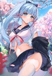 artist_name ass bangs big_breasts black_skirt blue_eyes blue_hair blue_skirt blue_sky blurry blurry_background blurry_foreground blush breasts cherry_blossoms collarbone crop_top crop_top_overhang day depth_of_field eyebrows_visible_through_hair female flower genshin_impact hair_ribbon kamisato_ayaka large_breasts long_hair long_sleeves looking_at_viewer medium_breasts midriff miniskirt mole navel outdoors panties parted_lips petals pink_flower pleated_skirt ponytail ribbon sailor_collar school_uniform serafuku shirt skirt sky solo spring_(season) thighhighs tree tree_branch underwear very_long_hair white_legwear white_panties white_shirt wind yuniiho