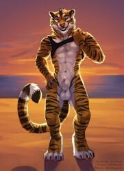 animal_genitalia anthro balls beach clothed clothing clothing_lift felid genitals hi_res kinsheph looking_at_viewer male mammal pantherine penis penis_tip sheath smile solo standing tiger