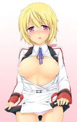 blush breasts charlotte_dunois female highres infinite_stratos kaiga large_breasts nipples panties pointy_chin skirt_lift underwear