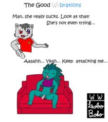 anthro blue_eyes bottomless canine closed_eyes crop_top cute_fang english_text female grey_fur grey_hair heterochromia humor male porcupine pun pussy red_eyes rodent sex_toy sofa spreading teal_fur text vibrator video_games wii wiimote wolf