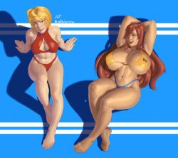 adventures_of_sonic_the_hedgehog bikini huge_breasts katella katella_the_huntress madonna_garnet multiple_girls muscular_female sega sonic_(series) swimsuit