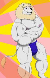 alythewolfcat anthro big_bulge blonde_mane bulge clothing felid flexing fur gesture hand_gesture hi_res lion male mammal mane muscular muscular_male pantherine pointing solo speedo swimwear white_body white_fur