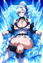 1girl ai_generated akame_ga_kill! blue_eyes boots braid braided_ponytail choker cleavage cosplay devilart esdeath_(akame_ga_kill!) large_breasts looking_at_viewer military_uniform ponytail rwby side_ponytail tattoo tattoo_on_chest thick_thighs weiss_schnee white_clothing white_hair