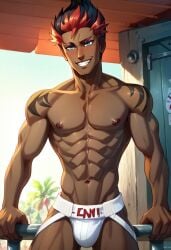 abs ai_generated biceps black_and_red_hair blush dark-skinned_male dark_skin gay jockstrap jockstrap_only kiawe_(pokemon) looking_at_viewer male male_only muscular muscular_male nipples pecs pokemon pokemon_sm smile toned_body toned_male twall97