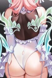 ass back bare_shoulders butt_crack close-up detached_sleeves dress facing_away female frills from_behind garter_straps hair_ribbon multicolored_hair pink_hair ribbon skindentation solo thighhighs thighs underwear virtual_youtuber vyugen white_bow white_legwear white_panties white_ribbon yuniiho_(character)