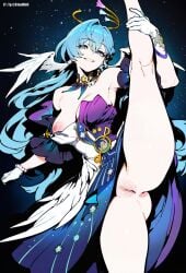 a1exwell ai_generated anus bottomless dress female honkai:_star_rail honkai_(series) legs_up mihoyo naughty_face nipple_slip one_breast_out pussy robin_(honkai:_star_rail) stable_diffusion standing_split